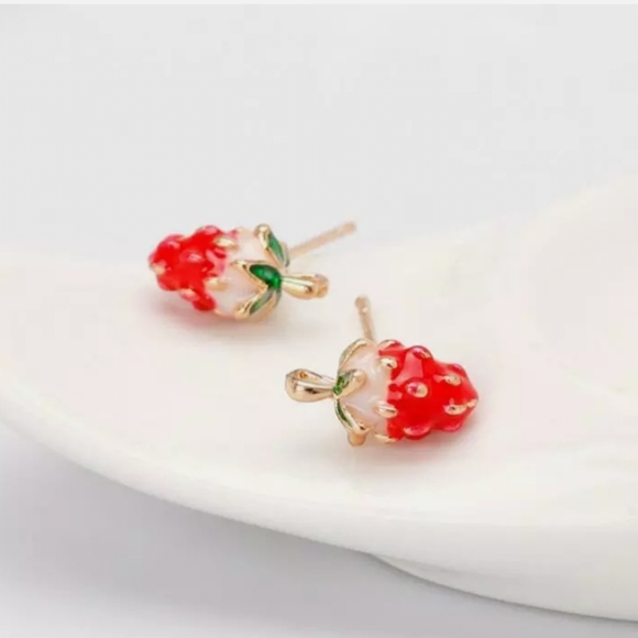 Gold-plated small strawberry earrings with silver post BOGO - Picture 3 of 15